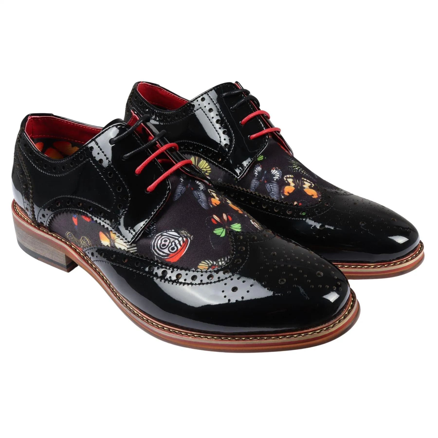 Men's Shoes Butterfly Print Patent Leather Lace Up Brogue Formal Dress Shoe