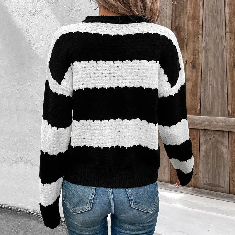 METAVERSMALL 2025 new  women's clothing  crew neck sweater top black and white contrasting striped knitted pullover