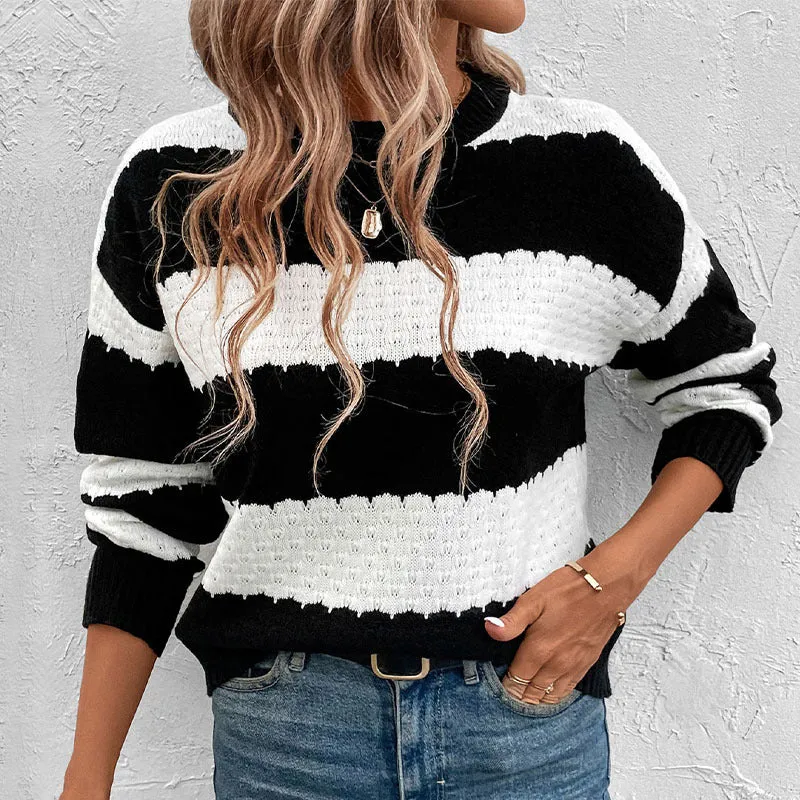 METAVERSMALL 2025 new  women's clothing  crew neck sweater top black and white contrasting striped knitted pullover