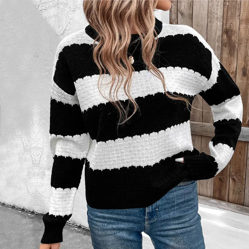 METAVERSMALL 2025 new  women's clothing  crew neck sweater top black and white contrasting striped knitted pullover