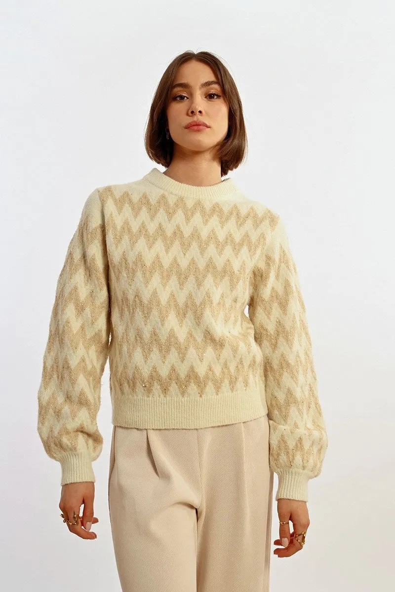 Molly Bracken Knit Jacquard Zig-Zag Pattern Sweater Off-white