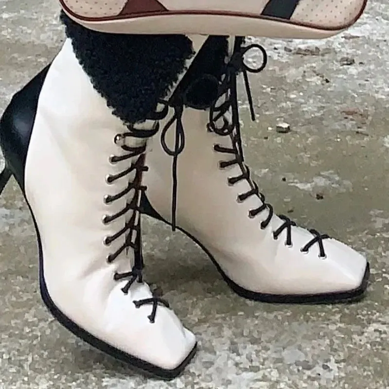 Mqtime Square Toe Ankle Plush Lace Up Mixed Color Black and White Ankle Boots Stiletto High Heels Cross Straps Winter Shoes for Women