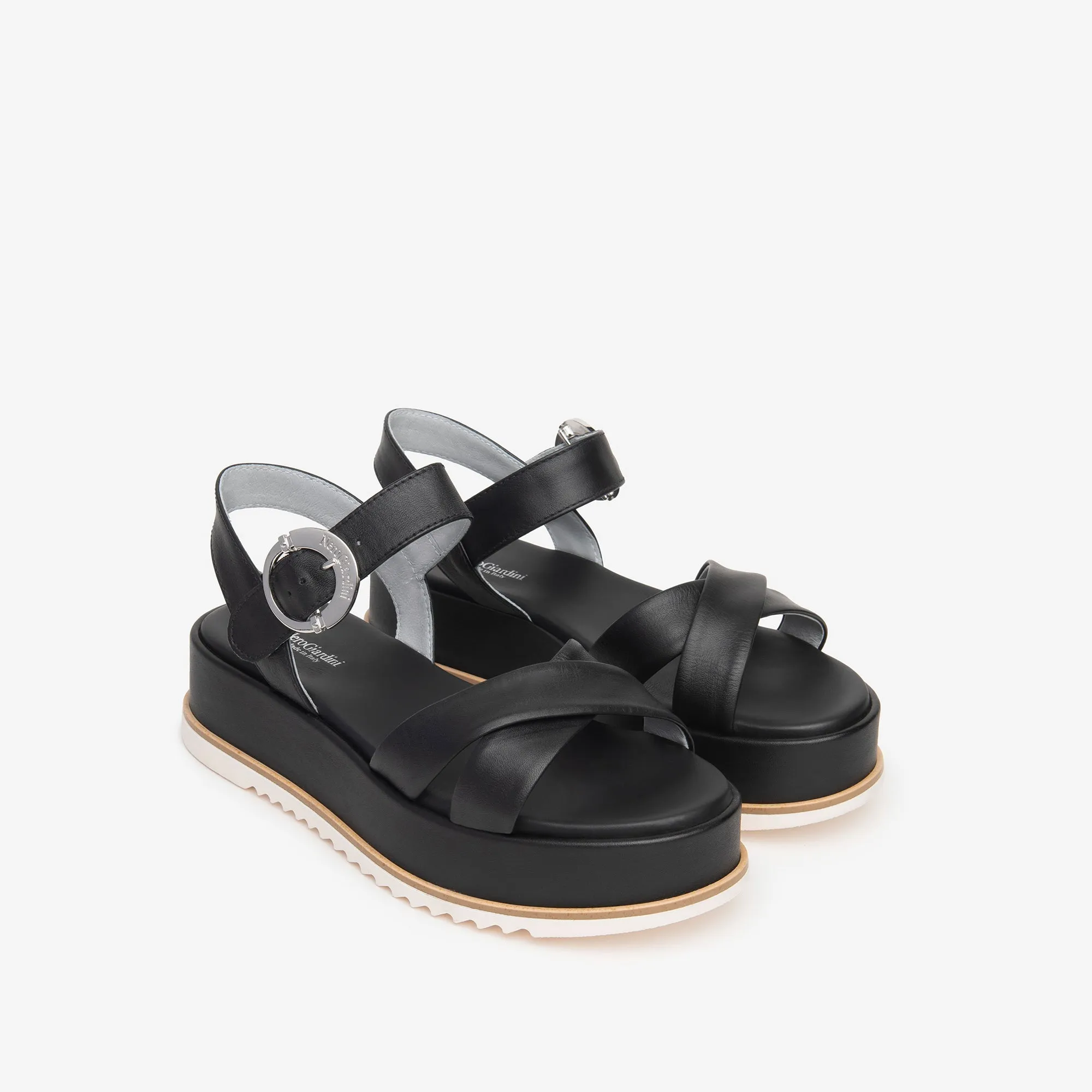 NeroGiardini Black Leather Platform Sandals