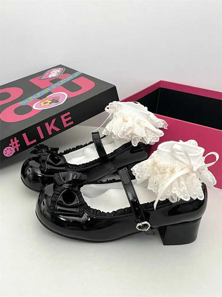 New Mary Jane Pu Leather Shoes Women's Sweet Girls Cool Bow Lolita Jk Uniform Shoes Mid Heel Kawaii Anime Shoes