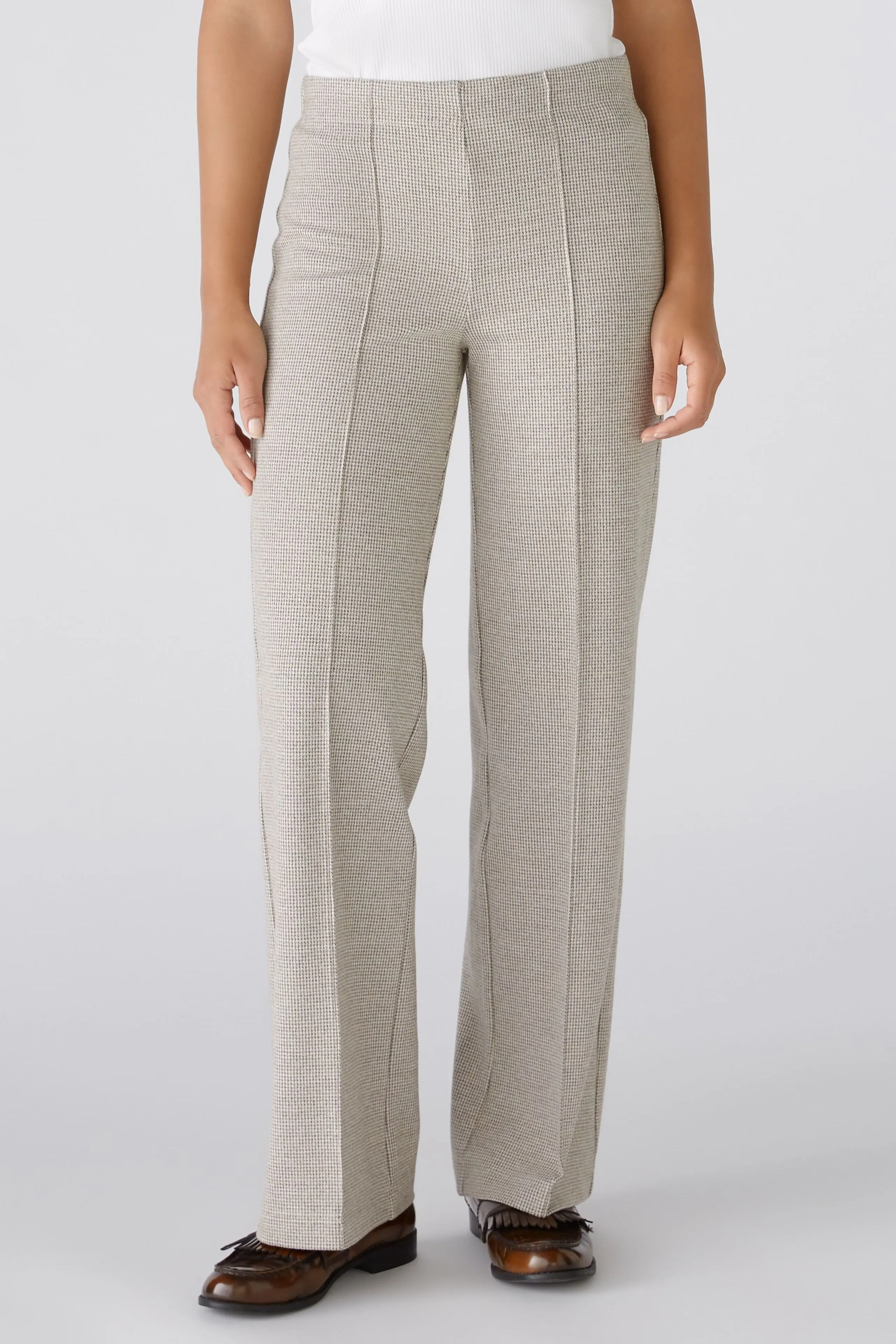 Oui Cotton Jersey Houndstooth Pattern Trousers Brown/Off-white