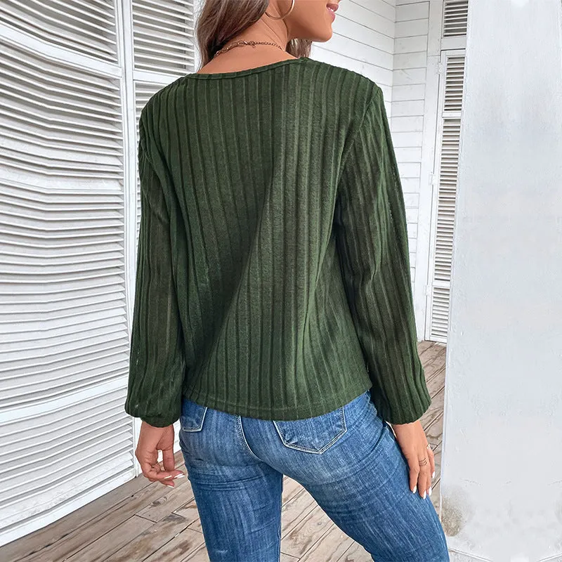 PEOPLETERRITORY Europe, America and New autumn new V-neck women's clothing top texture pit strip T-shirt long-sleeved knitted sweater