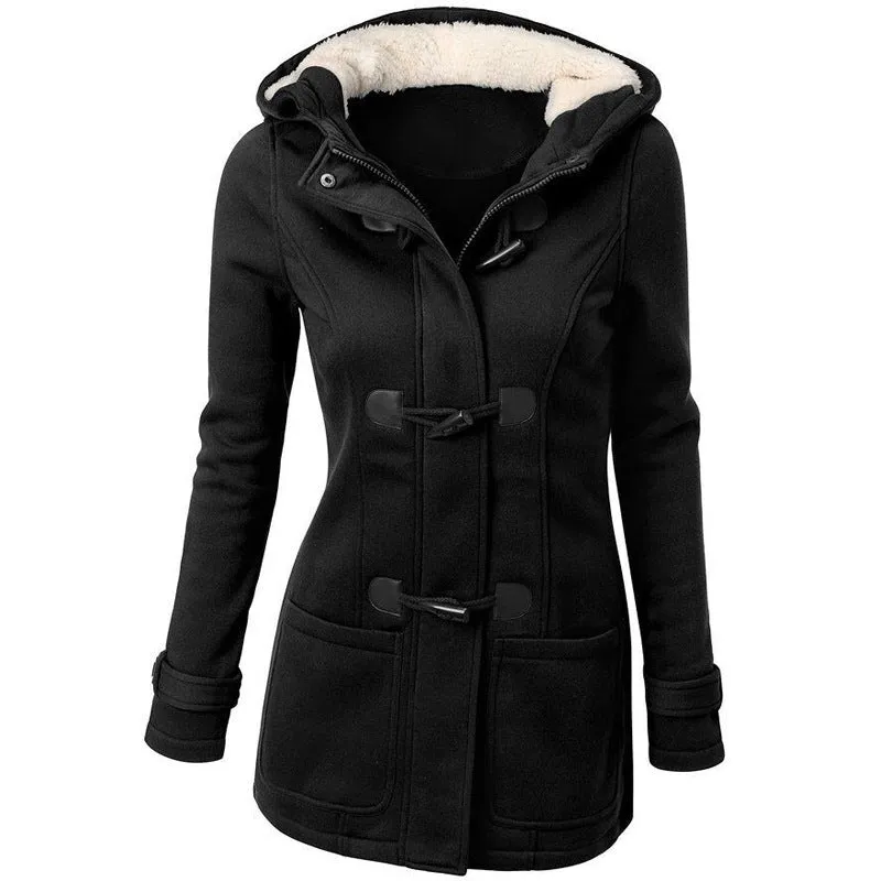 PEOPLETERRITORY explosion autumn and winter hooded blended horn leather buckle medium and long coat jacket cotton clothes women thickened