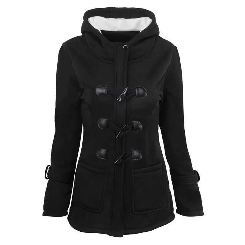 PEOPLETERRITORY explosion autumn and winter hooded blended horn leather buckle medium and long coat jacket cotton clothes women thickened