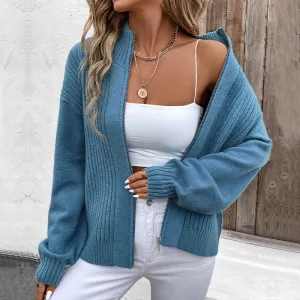 PEOPLETERRITORY New Hot Trade New New European, American Autumn and Winter Women's Clothing  Stand-Up Collar Solid Color Cardigan Sweater Jacket