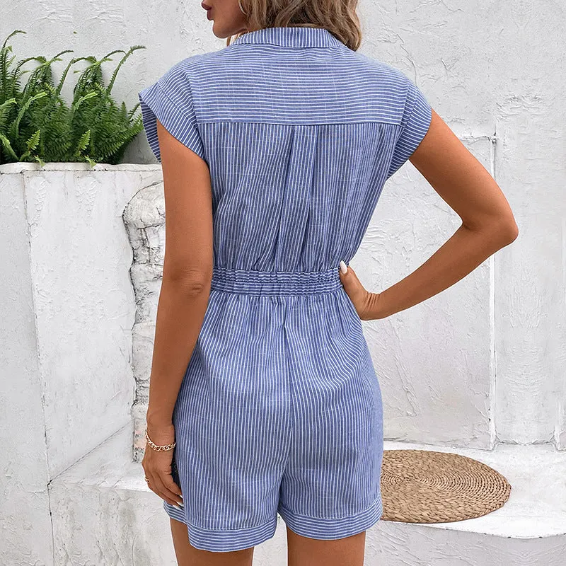 PEOPLETERRITORY New Hot Trade  Popular  Summer Women's  Pinstriped Short Sleeve Jumpsuit Shorts