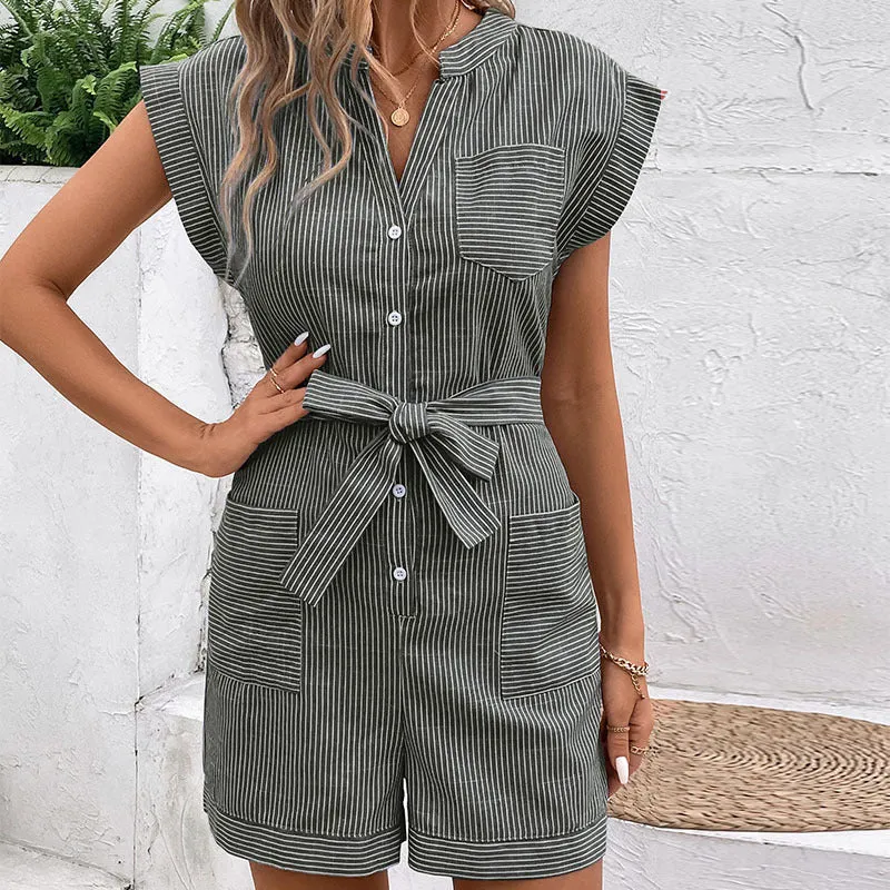 PEOPLETERRITORY New Hot Trade  Popular  Summer Women's  Pinstriped Short Sleeve Jumpsuit Shorts