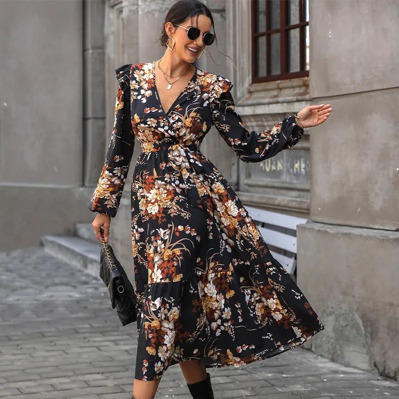 PEOPLETERRITORY New Hot Trade Wholesale Hot Sale  Women's Clothing European, American Fashion Printing Medium and Long Autumn Dresses