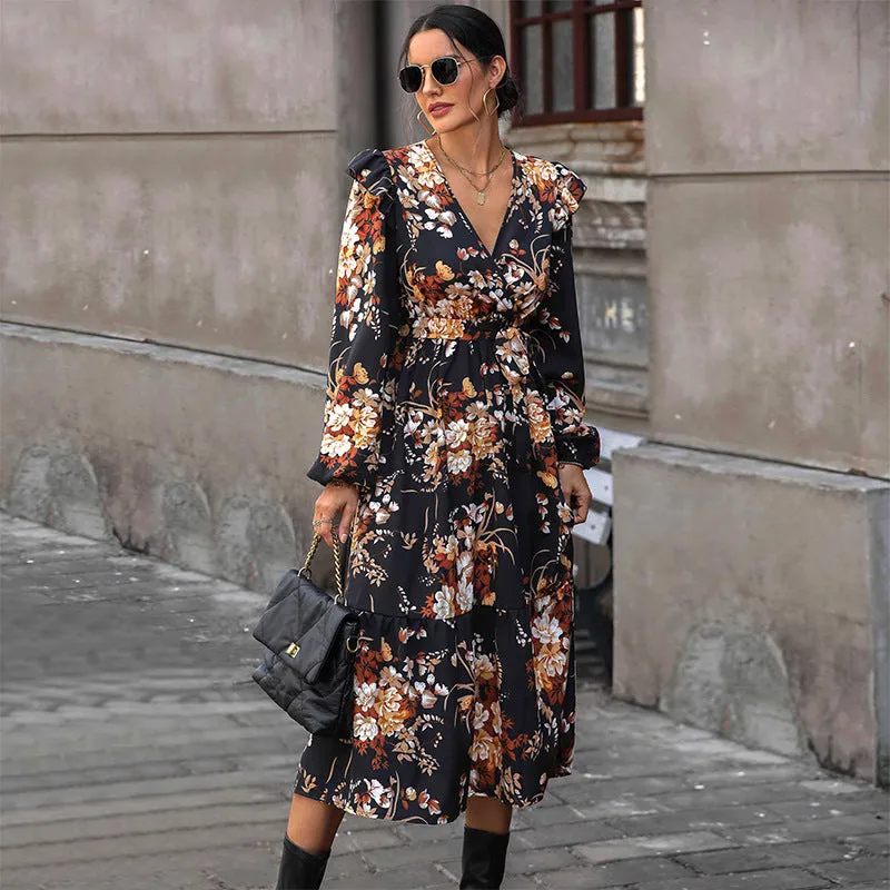 PEOPLETERRITORY New Hot Trade Wholesale Hot Sale  Women's Clothing European, American Fashion Printing Medium and Long Autumn Dresses