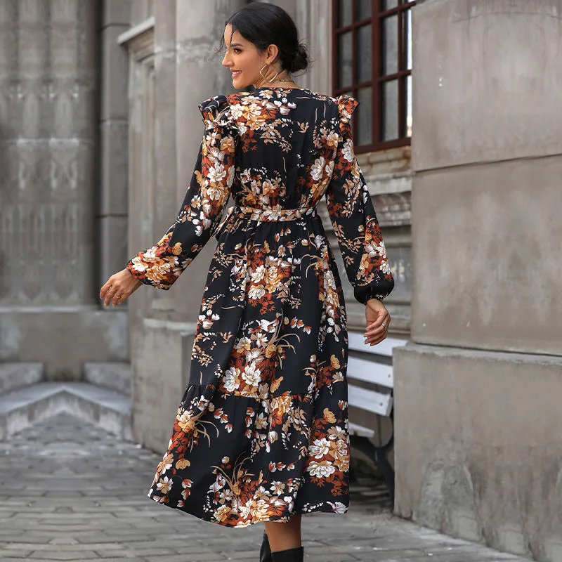 PEOPLETERRITORY New Hot Trade Wholesale Hot Sale  Women's Clothing European, American Fashion Printing Medium and Long Autumn Dresses