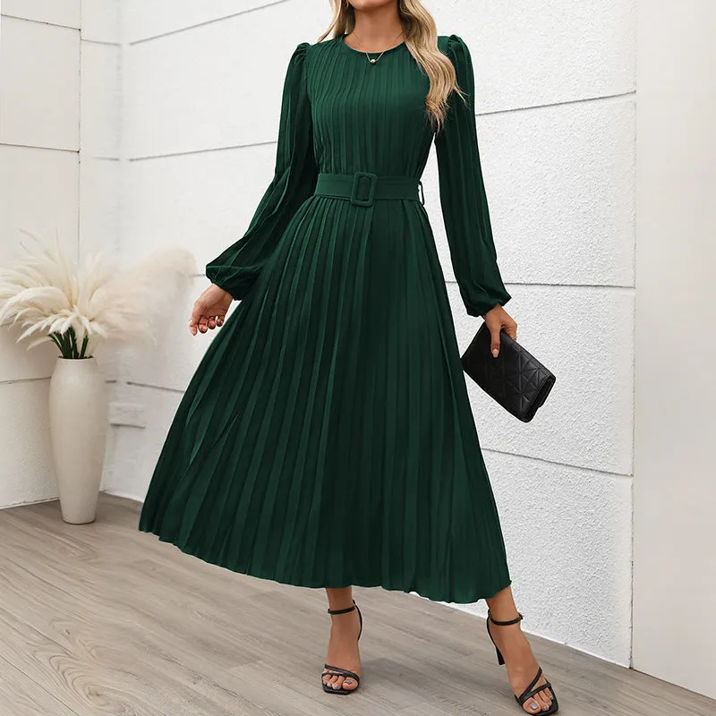 PEOPLETERRITORY  temperament women's new dress   trade long sleeve pleated round neck high waist long dress women