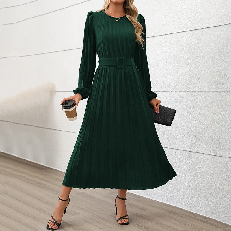 PEOPLETERRITORY  temperament women's new dress   trade long sleeve pleated round neck high waist long dress women