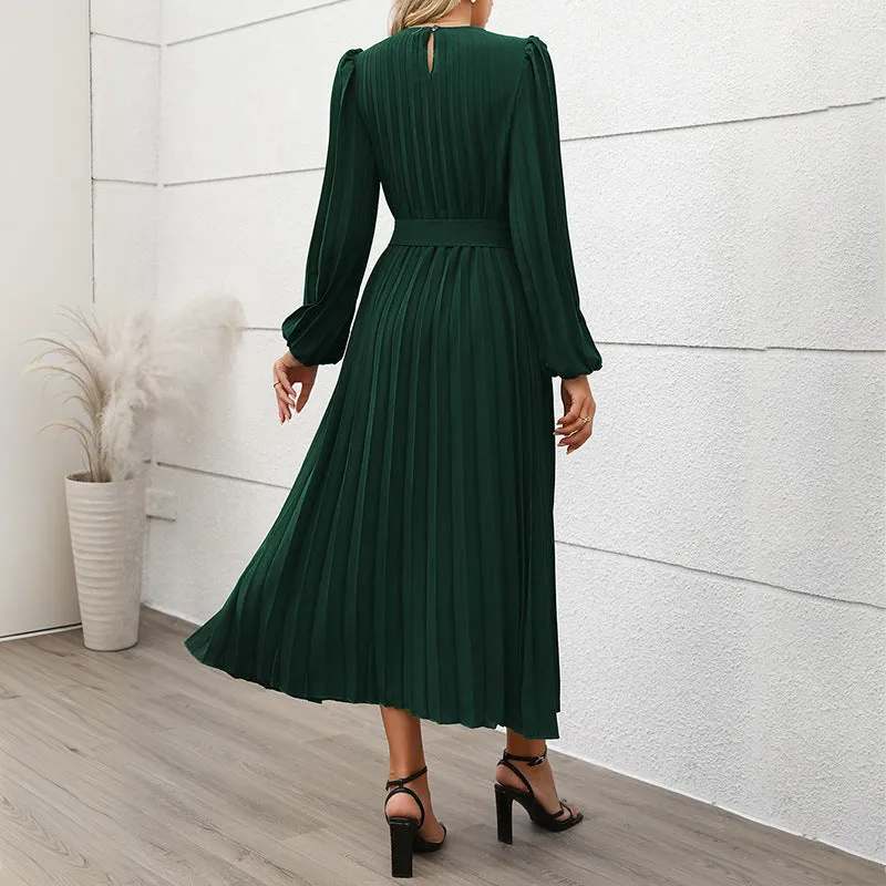 PEOPLETERRITORY  temperament women's new dress   trade long sleeve pleated round neck high waist long dress women