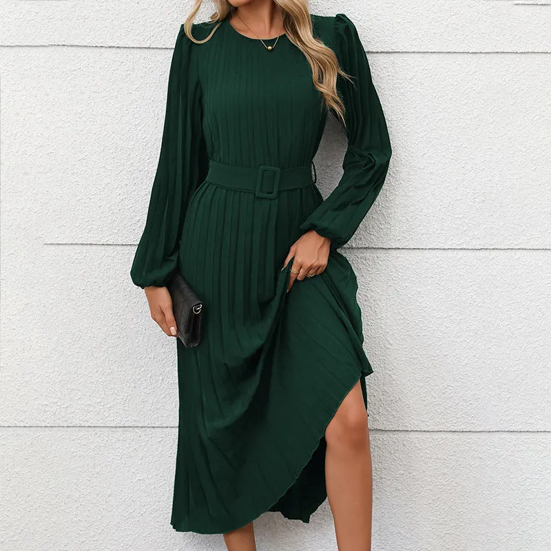 PEOPLETERRITORY  temperament women's new dress   trade long sleeve pleated round neck high waist long dress women