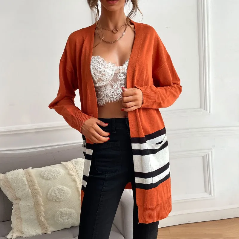 PEOPLETERRITORY women's clothing New autumn new striped contrasting color knitted cardigan long-sleeved casual thin coat