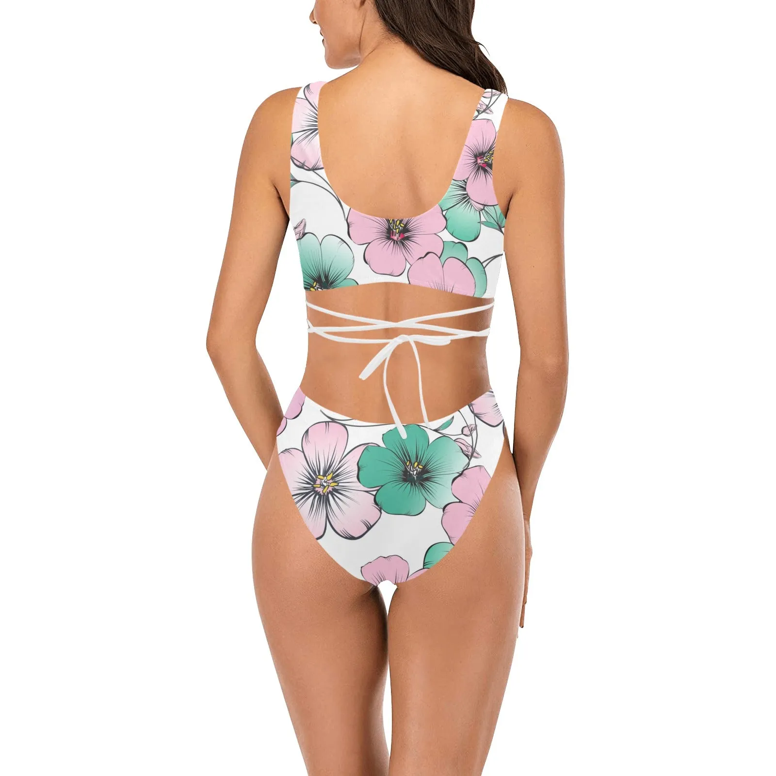 pink green floral mj shoes Cross String Bikini Set (Model S29)