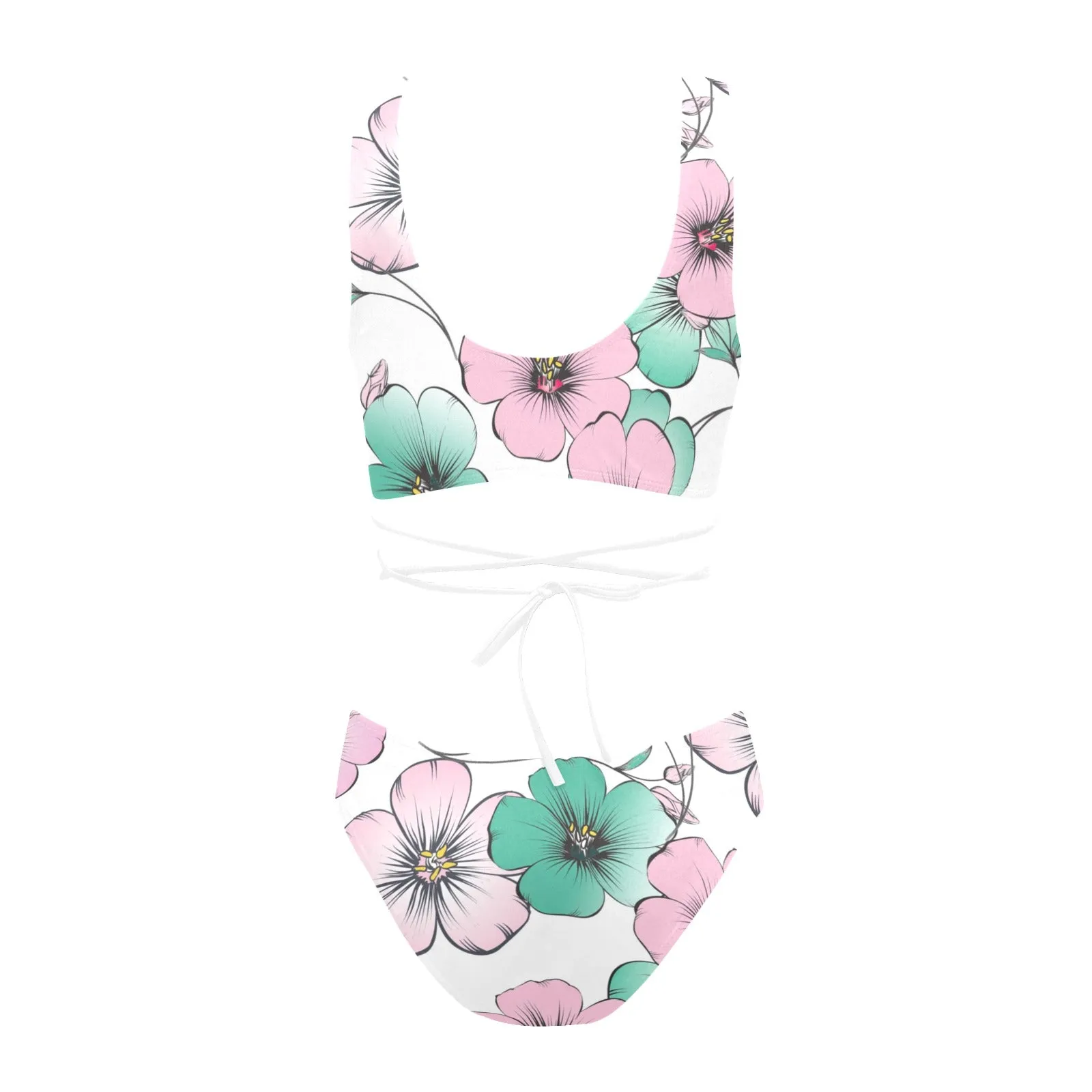 pink green floral mj shoes Cross String Bikini Set (Model S29)