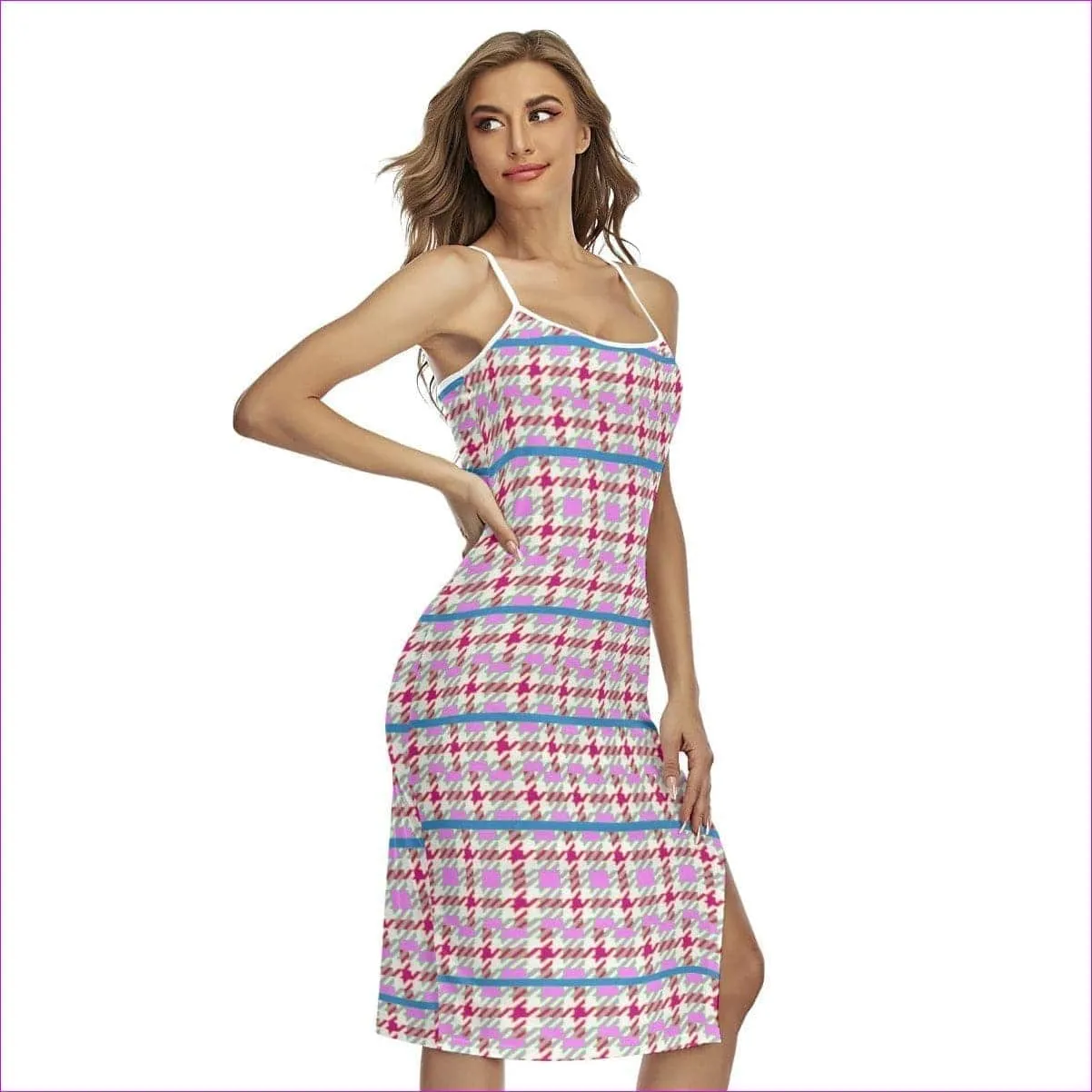 Pink Houndstooth Womens Back Cross Cami Dress