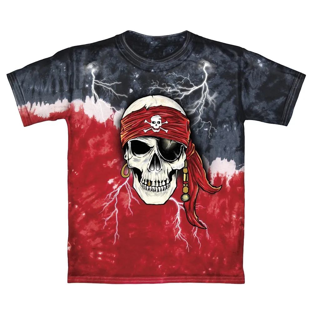 Pirate Skull Glow in The Dark Tie-Dye Youth Tee Shirt (Medium 8/10) Red