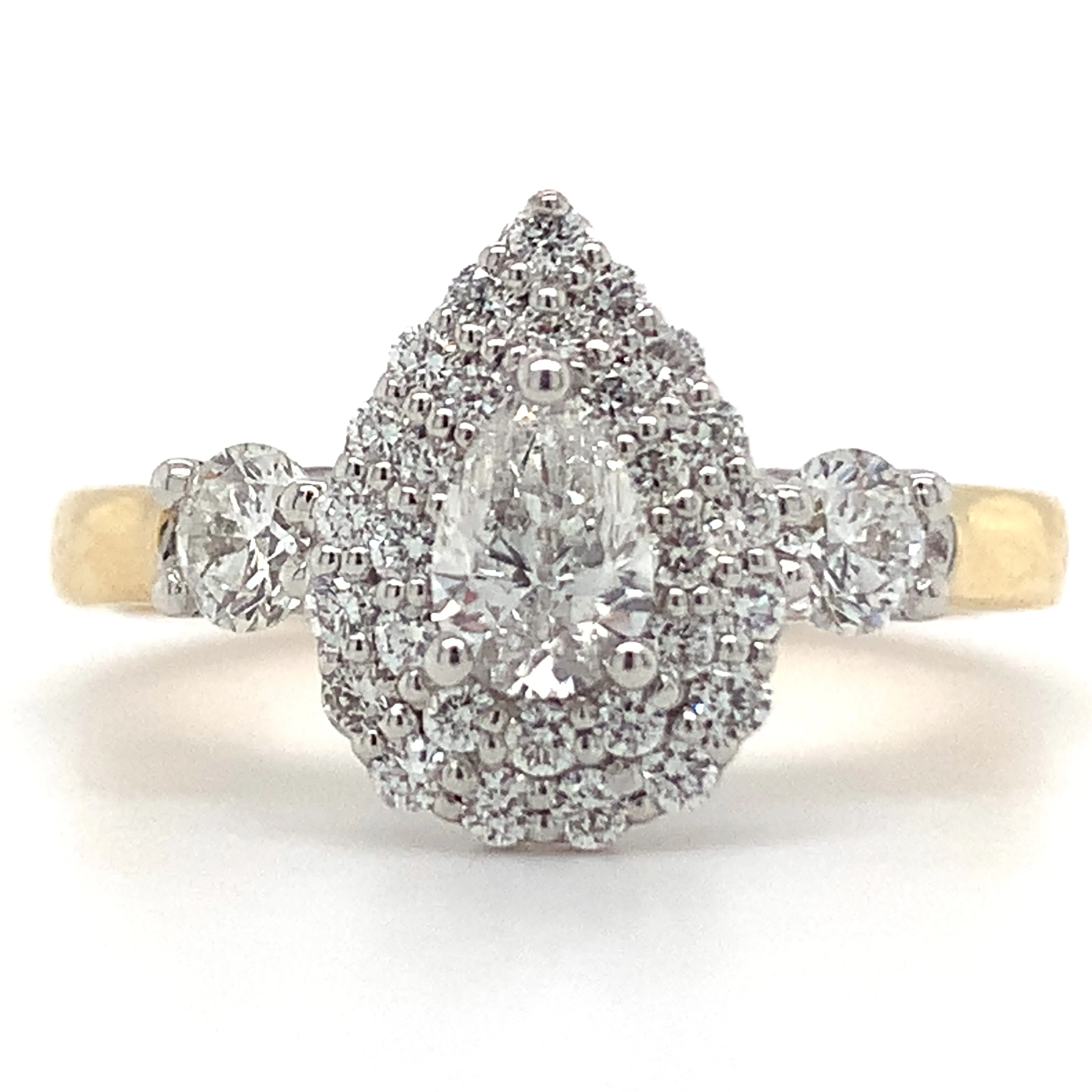 Raya - 18ct Yellow Gold 0.85ct Pear Cut Double Halo Earth Grown Diamond Engagement Ring with Side Stones