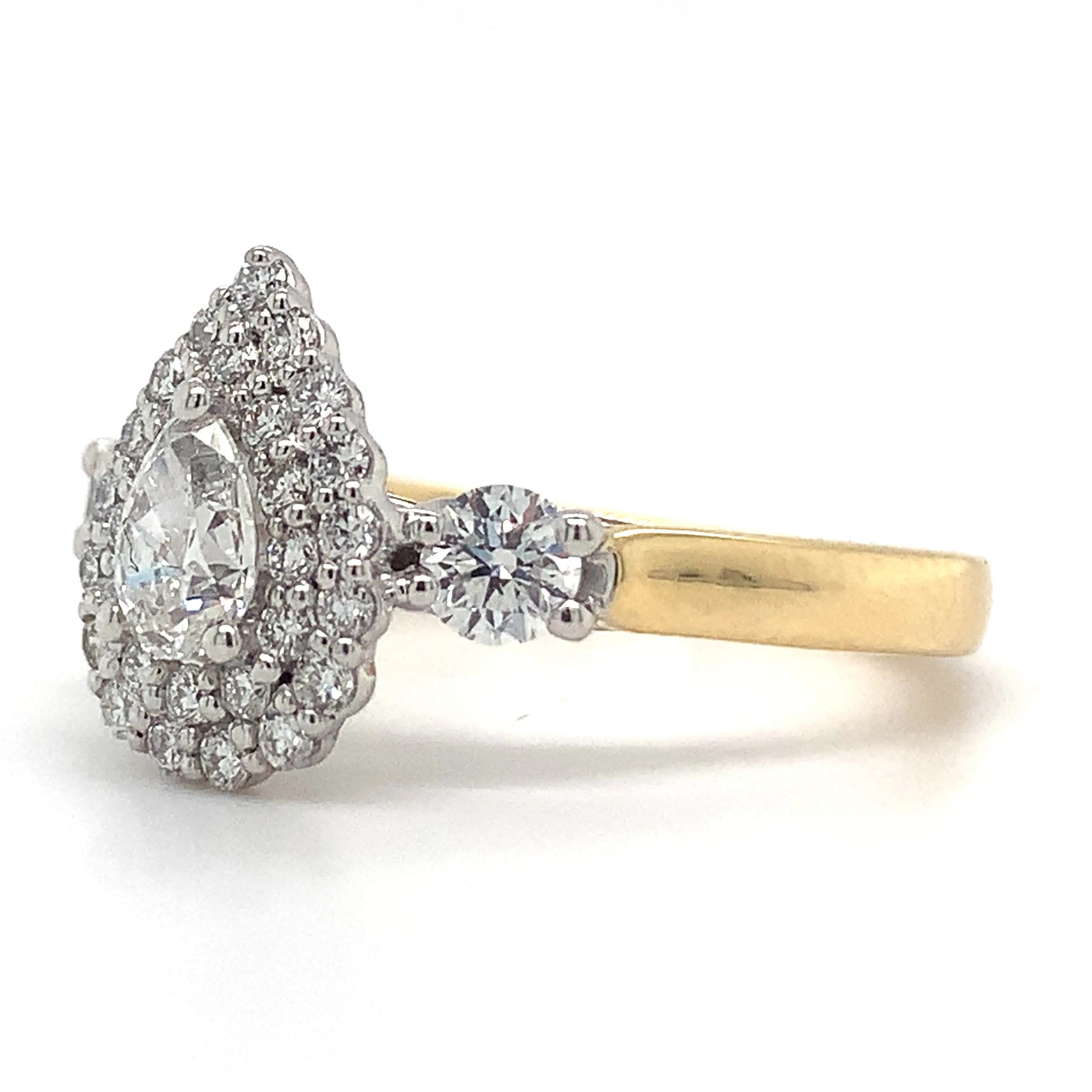 Raya - 18ct Yellow Gold 0.85ct Pear Cut Double Halo Earth Grown Diamond Engagement Ring with Side Stones