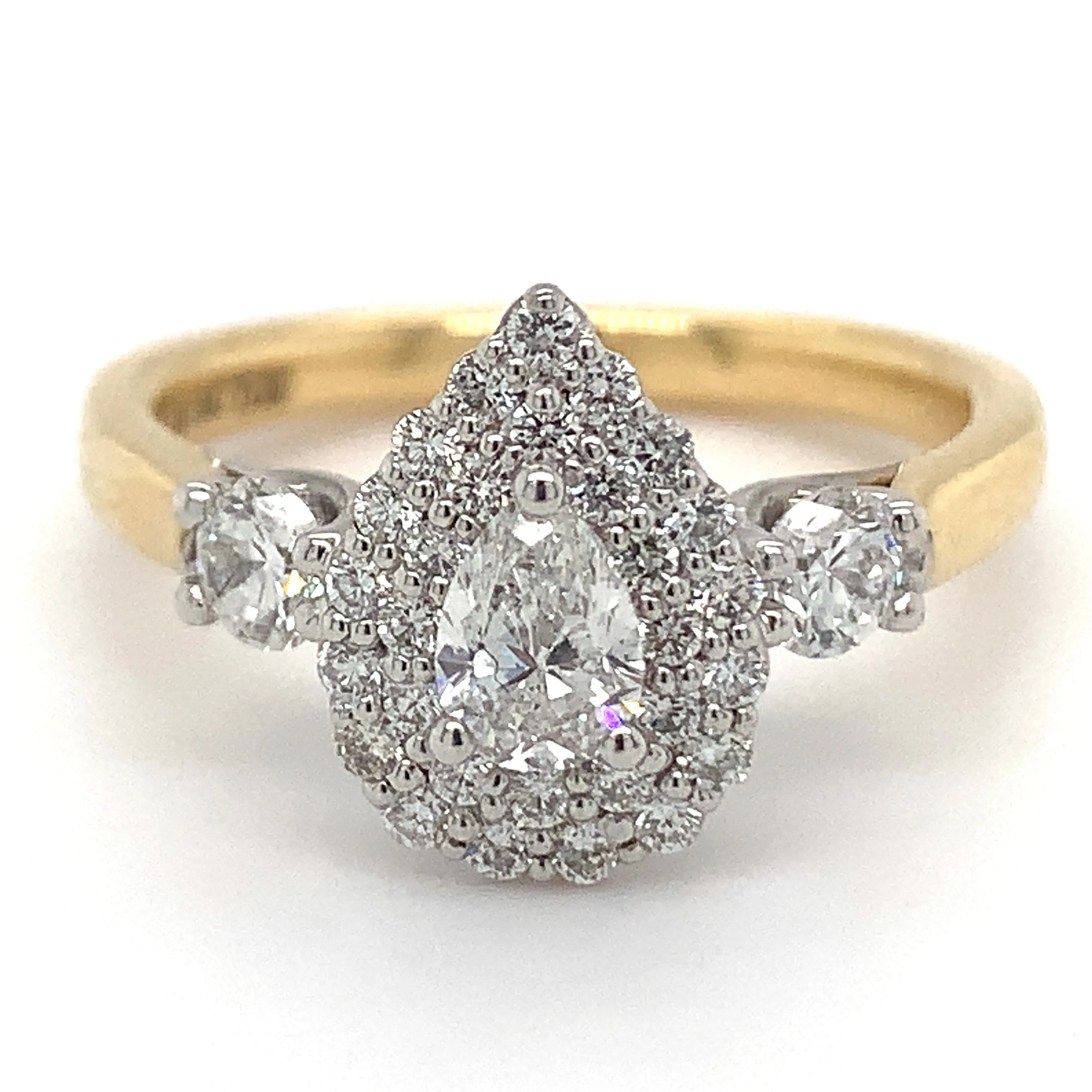 Raya - 18ct Yellow Gold 0.85ct Pear Cut Double Halo Earth Grown Diamond Engagement Ring with Side Stones