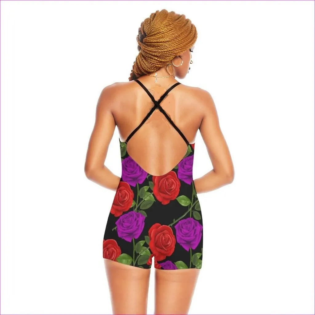 Red Rose Purp Women's Backless Romper With Black Straps