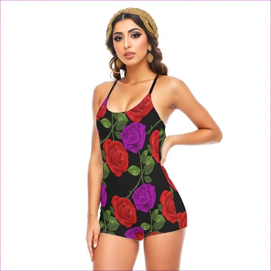 Red Rose Purp Women's Backless Romper With Black Straps