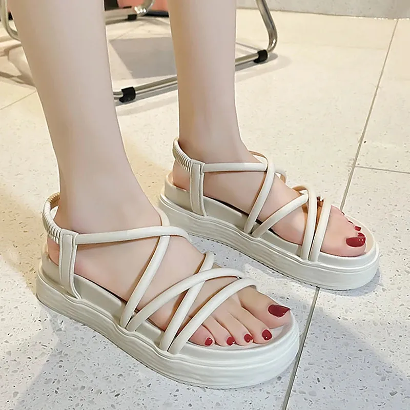 Rimocy Cross Strap Gladiator Sandals for Women Summer Thick Platform Wedges Sandles Woman Casual Back Elastic Band Roman Shoes