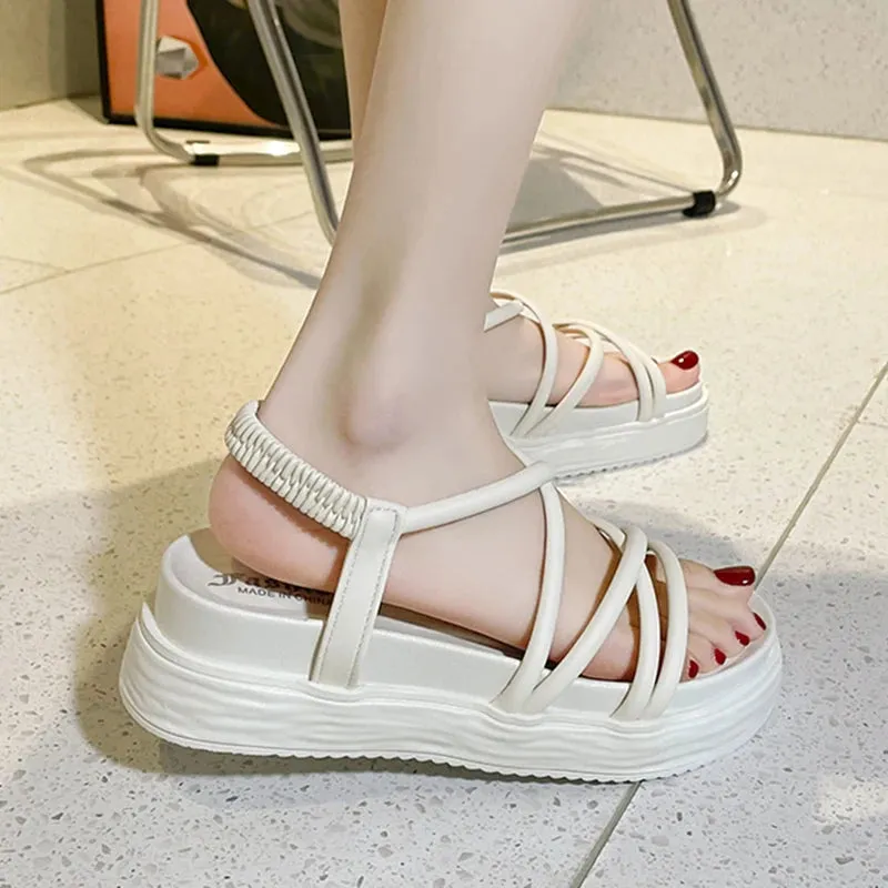 Rimocy Cross Strap Gladiator Sandals for Women Summer Thick Platform Wedges Sandles Woman Casual Back Elastic Band Roman Shoes