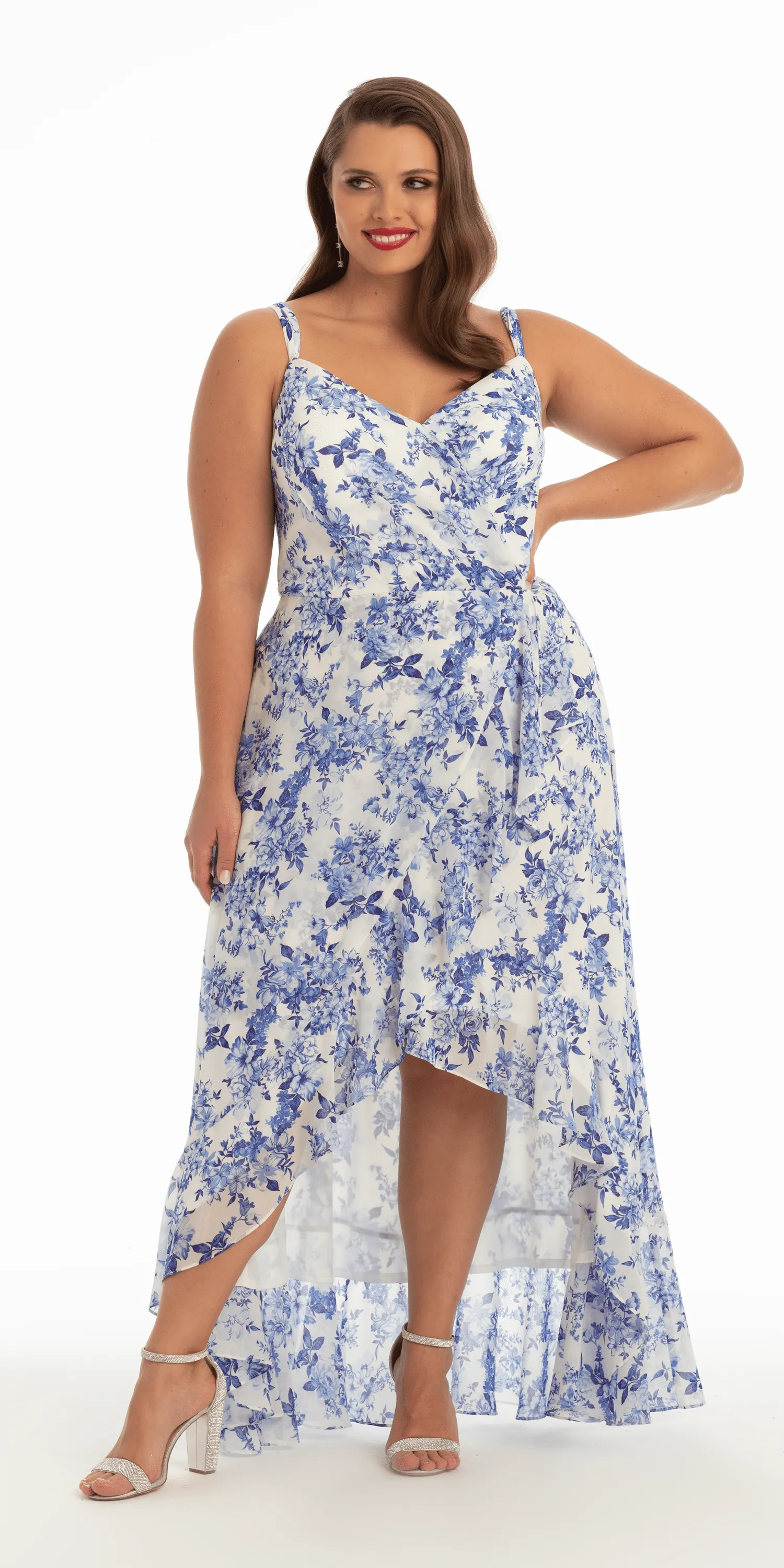 Ruffle High-Low Chiffon Floral Print Dress