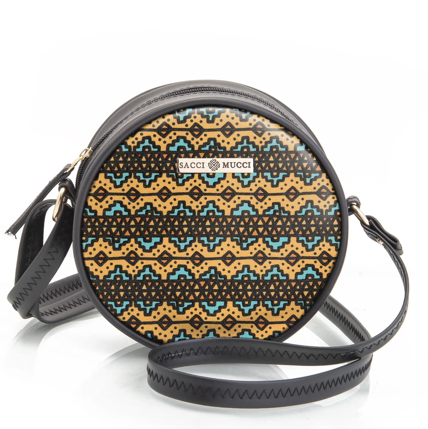 SACCI MUCCI Round Sling Bag, Printed Sling Bag For Girls, Women Sling Bag, Crossbody Bag For Women, gifts for women/Girls -EthnicTraditional Print (Black)