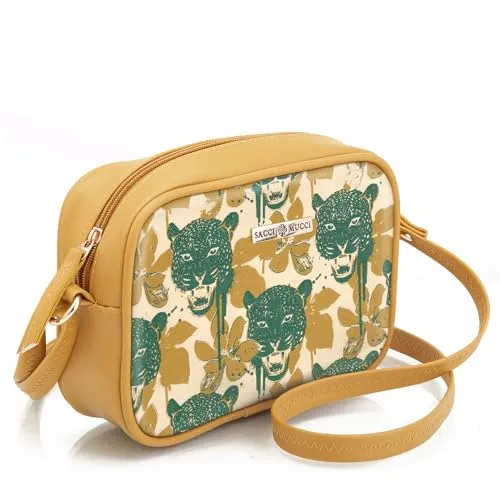 SACCI MUCCI Stylish Box Sling Bag for girls | Side Purse for Women Stylish Latest | Cross Body Sling Box Bags for Girls - Wild Print (Mustard)