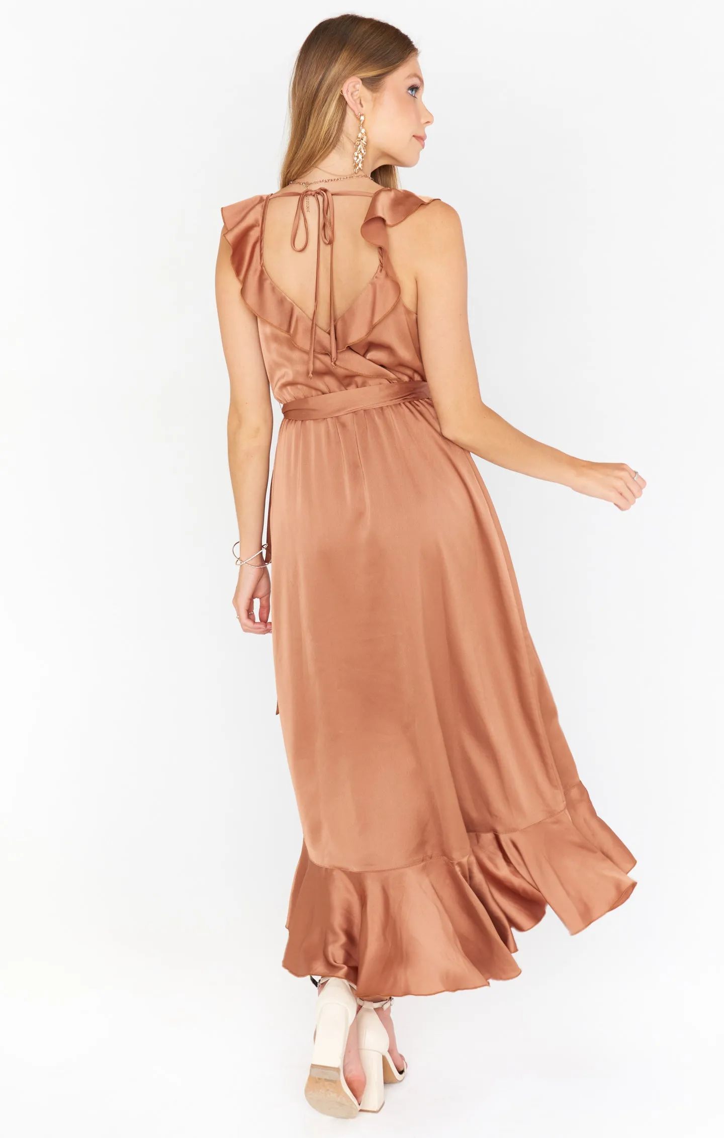 Samantha Ruffle Wrap Dress ~ Copper Luxe Satin