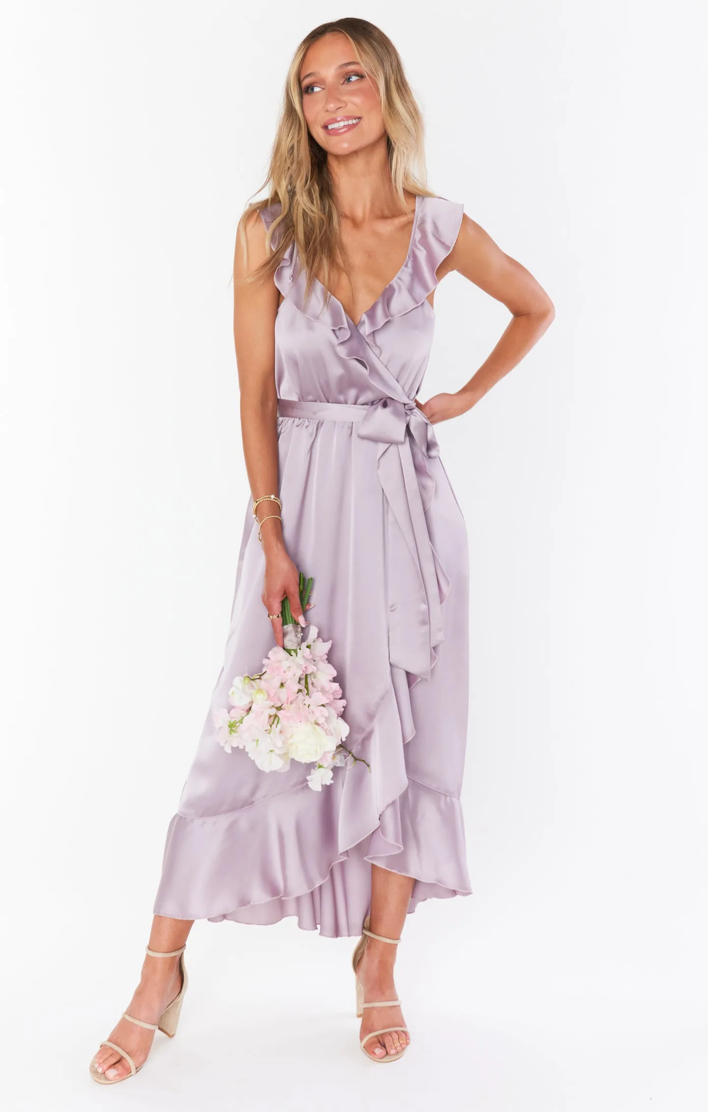 Samantha Ruffle Wrap Dress ~ Dusty Purple Luxe Satin