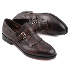 Santoni Brogued Monk Strap in Dark Brown