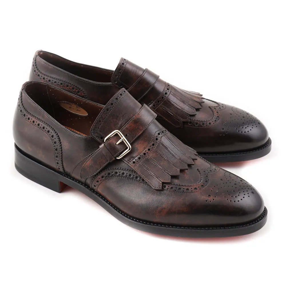 Santoni Brogued Monk Strap in Dark Brown