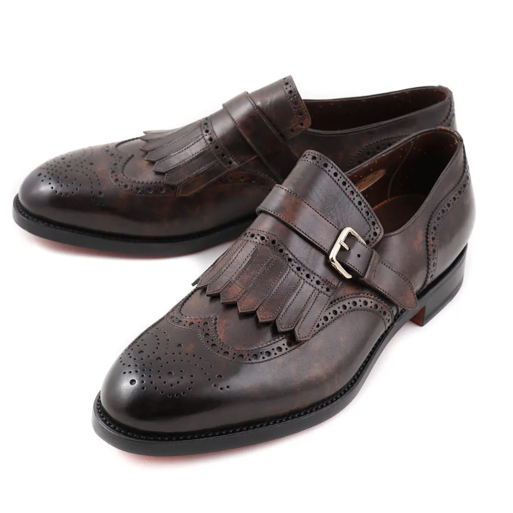 Santoni Brogued Monk Strap in Dark Brown