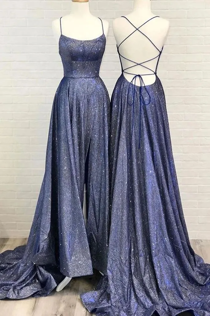 Simple Shiny Spaghetti Straps Prom Dresses, A Line Long Train Evening Dress