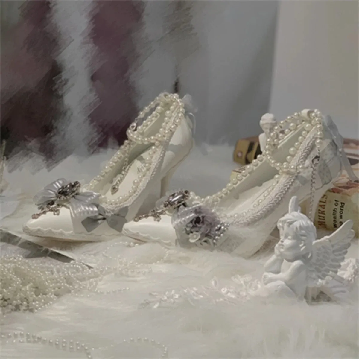 Sohiwoo Japanese Style Lolita Cosplay Shoes Gothic Flower Wedding Victorian Girls Cross Striped Bow Lace Pearl Flower High Heeled Shoes