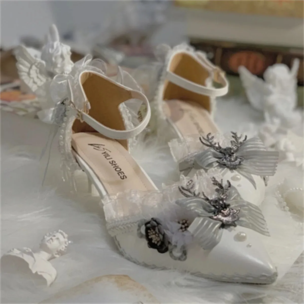 Sohiwoo Japanese Style Lolita Cosplay Shoes Gothic Flower Wedding Victorian Girls Cross Striped Bow Lace Pearl Flower High Heeled Shoes