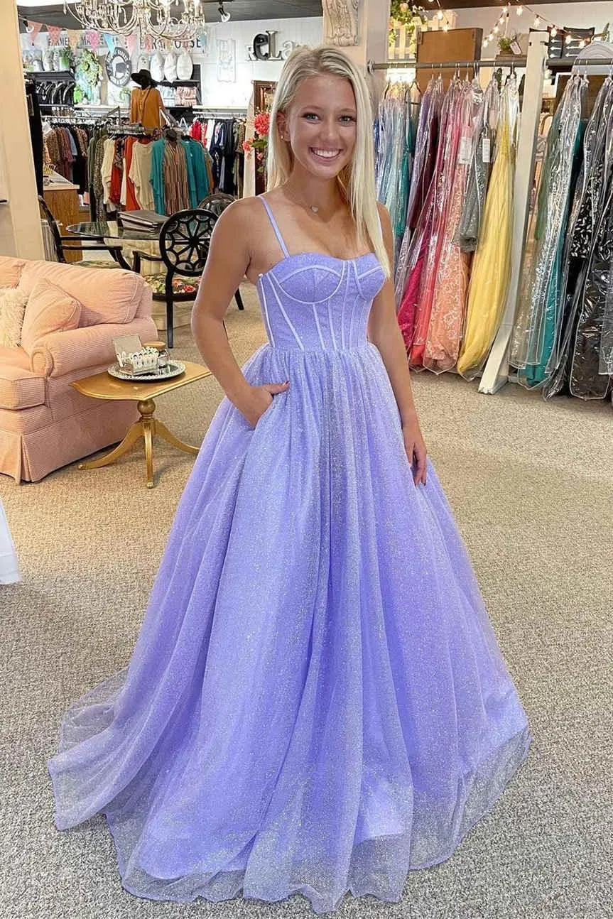 Sparkly Lilac A Line Sweetheart Straps Tulle Long Prom Formal Dress  PSK264