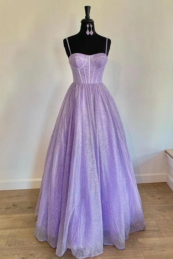 Sparkly Lilac A Line Sweetheart Straps Tulle Long Prom Formal Dress  PSK264