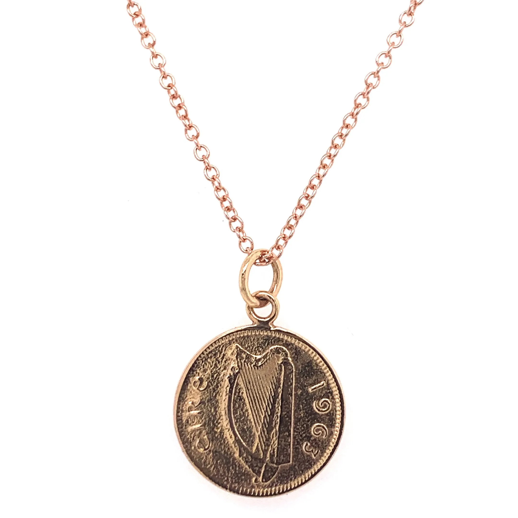 Tadgh Óg Solid 9ct Rose Gold Hare 3p Irish Coin Pendant