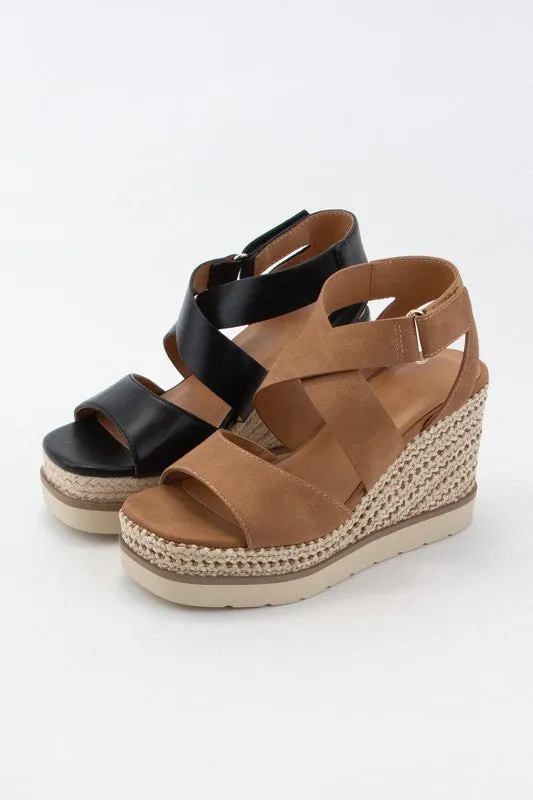 Tan Pu Churro Velcro Closure Cross Strap Wedge Heel