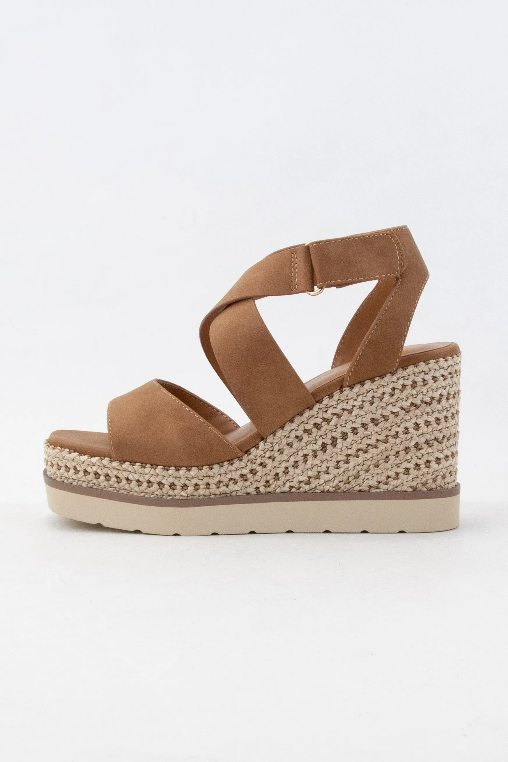 Tan Pu Churro Velcro Closure Cross Strap Wedge Heel